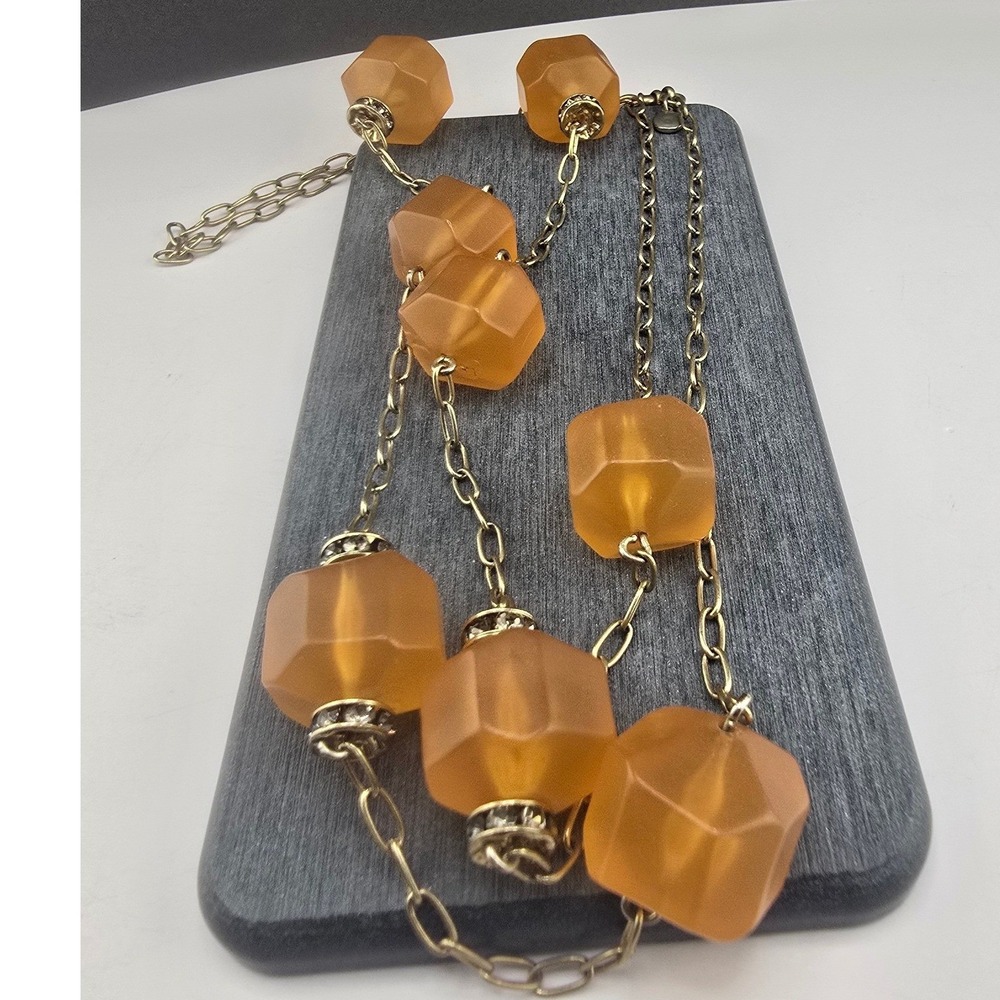 J.Crew Necklace Orange Geometric Resin Beaded Gold Tone Rhinestone 36in
